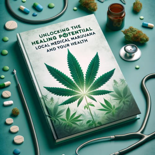  A book cover showcasing a marijuana plant in the foreground with medical symbols like a stethoscope and pills in the background. The title "Unlocking the Healing Potential: Local Medical Marijuana and Your Health" is prominently displayed.